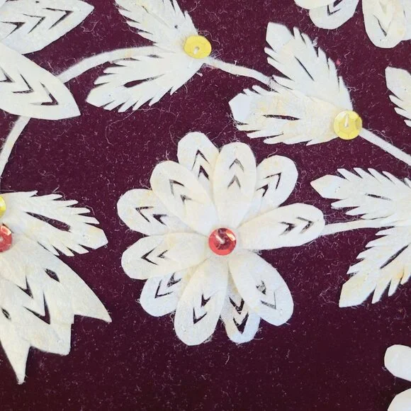 Handcrafted Floral Applique On Deep Burgundy Velvet 1970's White Petals Sequence - Picture 10 of 11